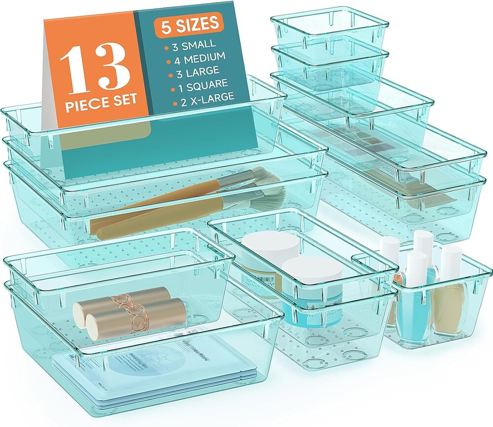 WOWBOX 13 PCS Plastic Drawer Organizer Set, 5 Sizes Desk Drawer Divider Organizers and Storage Bins for Makeup, Jewelry, Gadgets for Kitchen, Bedroom, Bathroom, Office