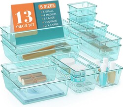 WOWBOX 13 PCS Plastic Drawer Organizer Set, 5 Sizes Desk Drawer Divider Organizers and Storage Bins for Makeup, Jewelry, Gadgets for Kitchen, Bedroom, Bathroom, Office