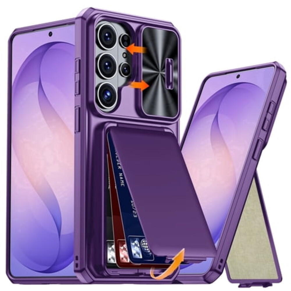 Vizvera for Samsung Galaxy S26 Ultra Phone Case with Card Holder & Kickstand &Slide Camera Lens Cover,Protection Rugged Heavy Duty Phone Case-Purple