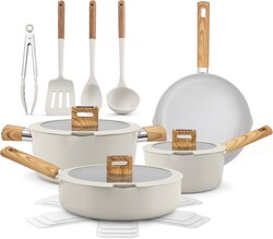 NutriChef 14-Piece pots and pans Set Ceramic Cookware Set - Induction Safe Pots and Pans with Glass Lids, Cool-Touch Handles, Dishwasher Safe, Includes Ladle, Tongs, Spatula, White