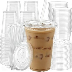 100 Pack 16 oz Plastic Cups with Lids and Straws, Clear Disposable Plastic Cups, Heavy Duty Iced Coffee Cups with Leak-Resistant Lids, Cold Drink Cups for Smoothies, Juice, Soda & Party To Go