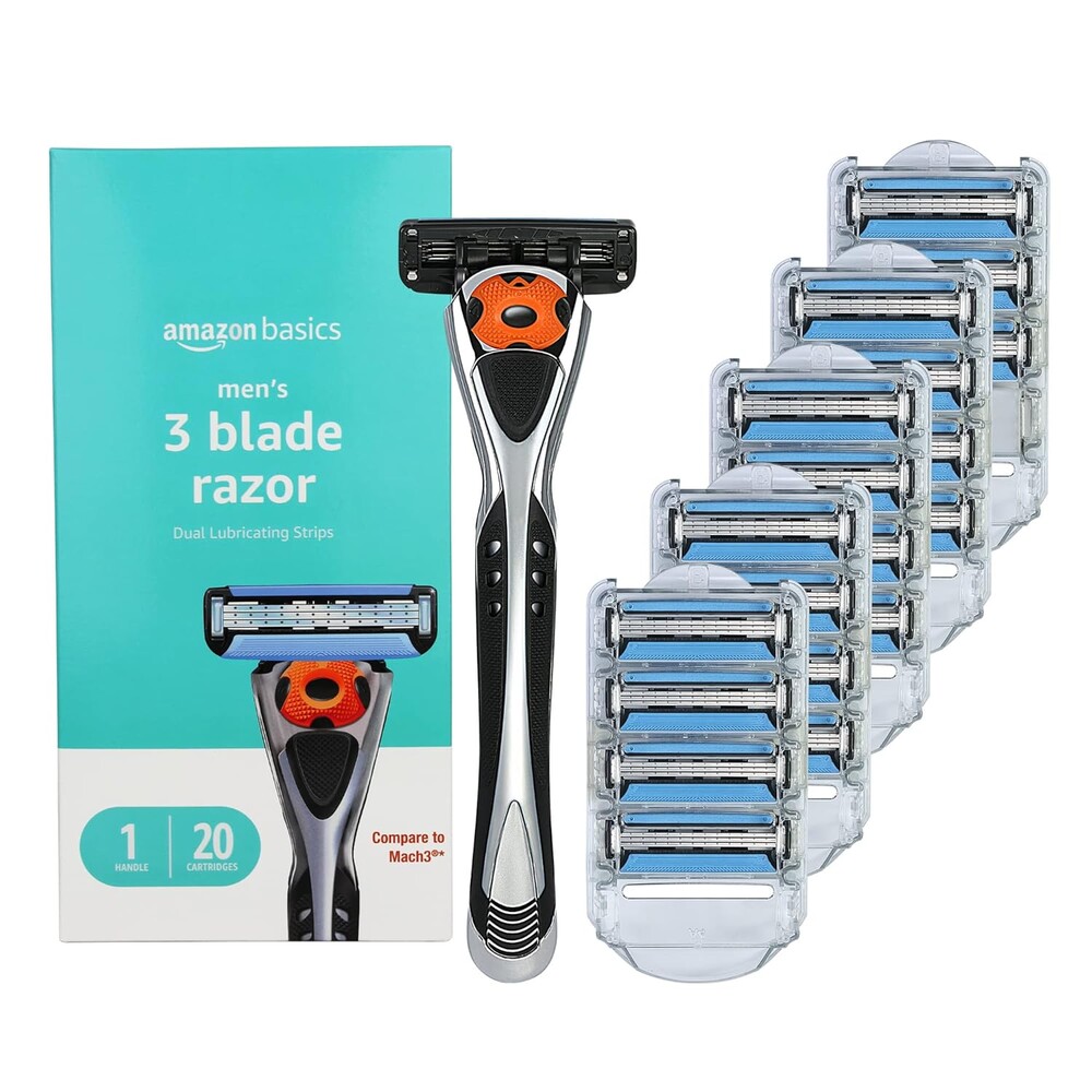 Amazon Basics 3-Blade Motion Sphere Razor for Men with Dual Lubrication, Pivoting Head for Comfortable Shave, Handle & 20 Cartridges, 21 Piece Set, Black (Previously Solimo)