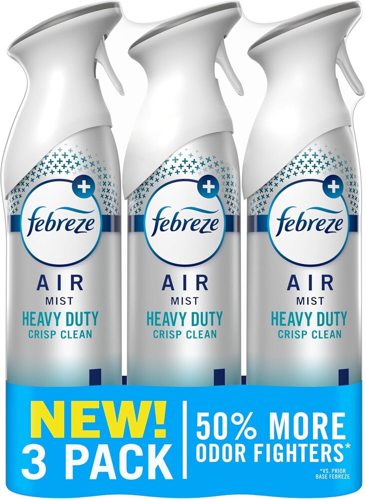 Febreze Air Mist, Air Freshener Spray, Odor Fighting Room Spray, Deodorizer for Home Bathroom Kitchen Office Apartment Dorm Room Classroom, Heavy Duty Crisp Clean Scent, 8.1oz (Pack of 3)