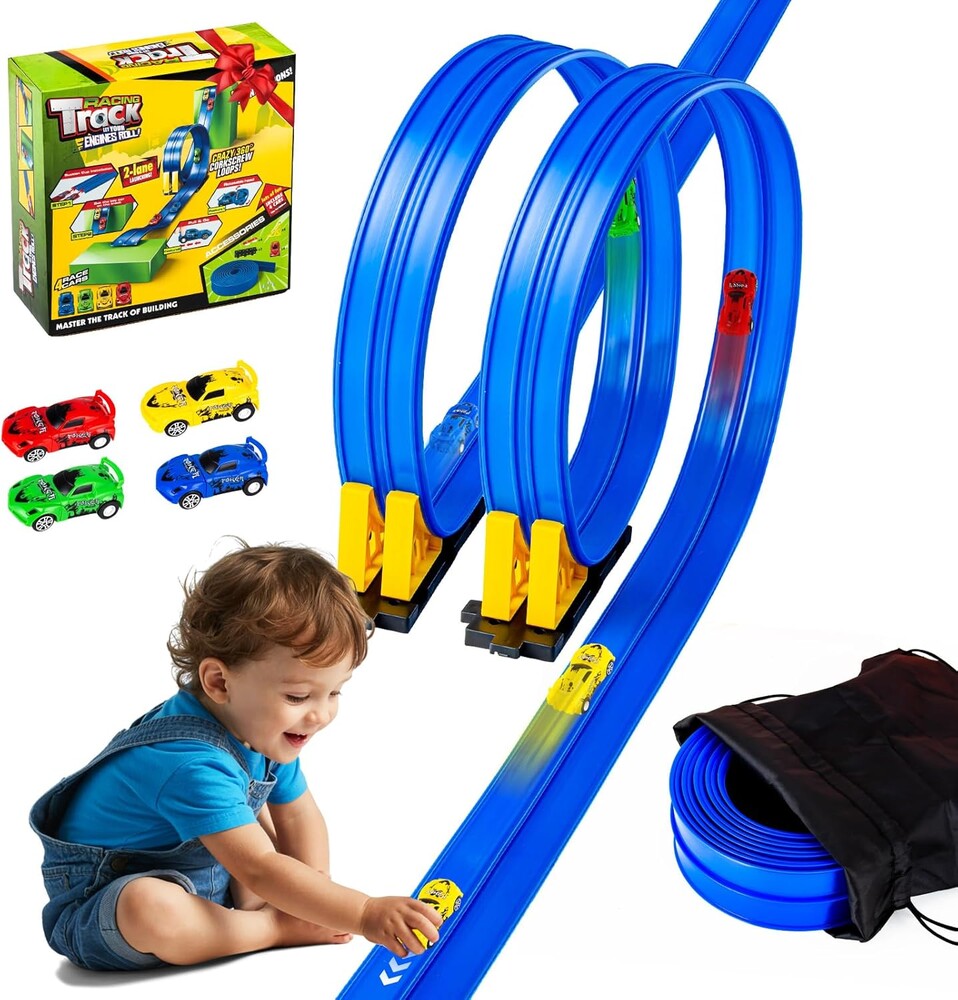 Flex Tracks 16.4 Ft Flexible Race Track for Kids Portable DIY Roll-Up Race Car Track Compatible with Diecast 1/64th Cars Birthday Gifts Easter Basket Stuffers for Kids for Boys Girls Ages 3+