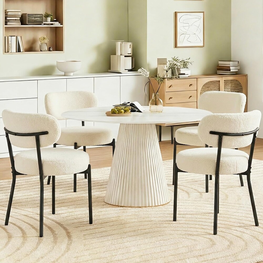 DUMOS Dining Chairs Set of 4, Mid Century Modern Chair Round Upholstered Curved Backrest, Kitchen Vanity Living Room Chairs with Black Metal Legs，Light Beige