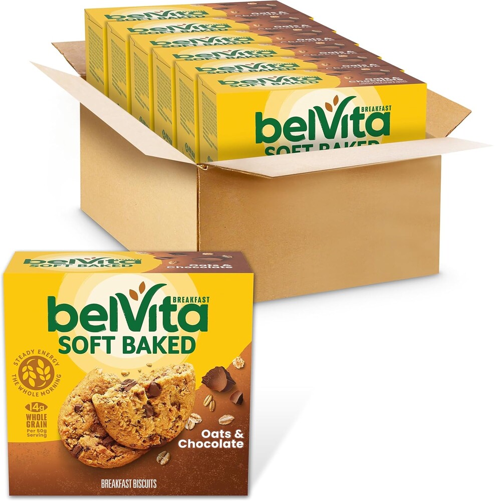 belVita Soft Baked Breakfast Bars, Oats & Chocolate, 6 Boxes of 5 Packs (1 Biscuit Per Pack)