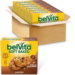 belVita Soft Baked Breakfast Bars, Oats & Chocolate, 6 Boxes of 5 Packs (1 Biscuit Per Pack)