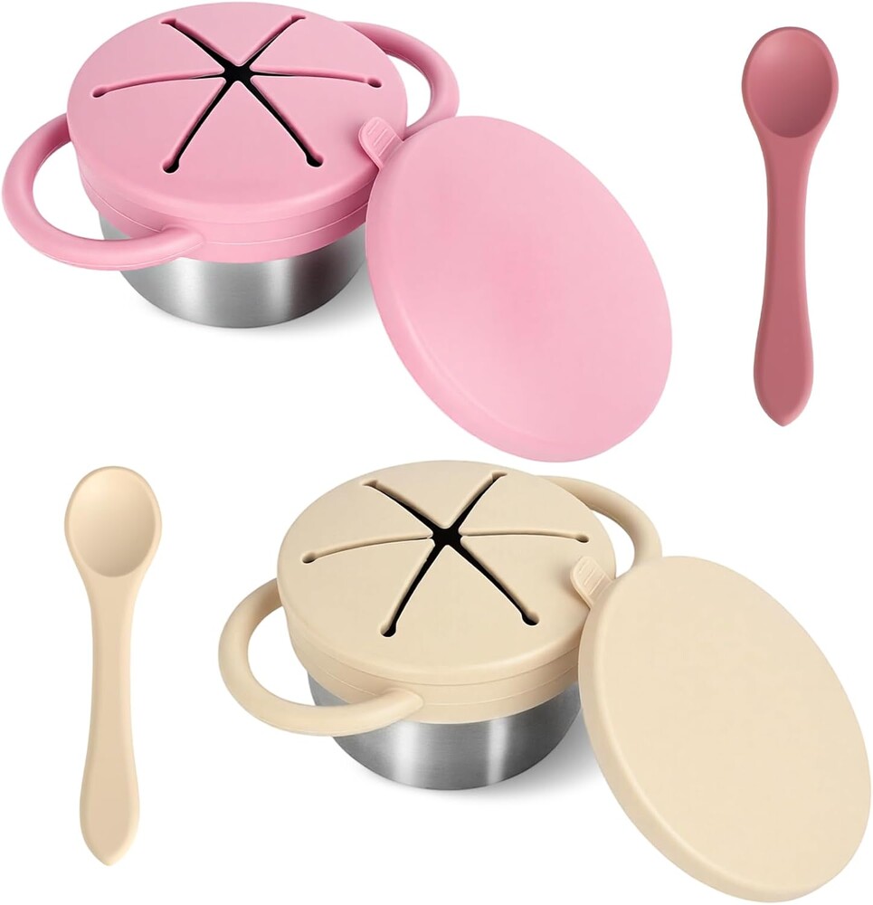 2 Pack Toddler Snack Cups,Detachable Stainless Steel Spill Proof Snack Cups for Toddlers with Spoon is Included,Bpa-Free,Food Grade Silicone