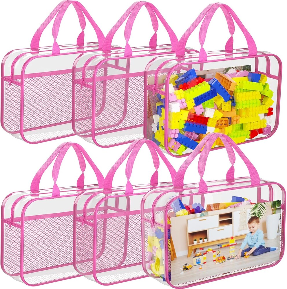 6 Packs Toy Storage Bags with Zipper, Clear PVC Organizing Bags, Reusable Toy Storage Organizer with Portable Handle, Travel Waterproof Organizer Bags for Building Blocks, Puzzle, Toys and Books