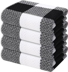 Mordimy 100% Cotton Waffle Weave Kitchen Towels, 13 x 28 Inches, Super Soft and Absorbent Buffalo Check Dish Towels for Drying Dishes, 4-Pack, Black & White
