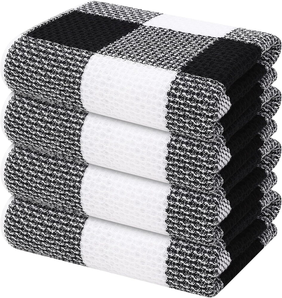 Mordimy 100% Cotton Waffle Weave Kitchen Towels, 13 x 28 Inches, Super Soft and Absorbent Buffalo Check Dish Towels for Drying Dishes, 4-Pack, Black & White