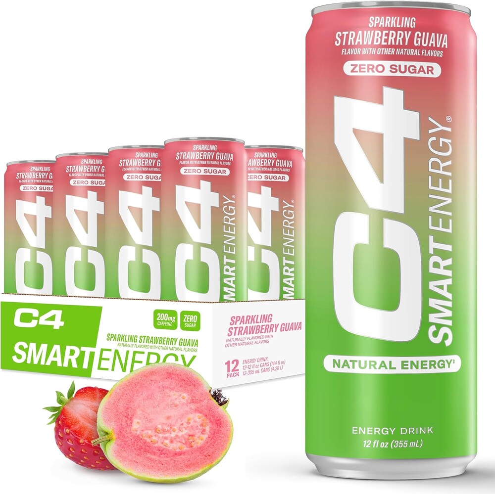 C4 Smart Energy Drink - Sugar Free Performance Fuel & Nootropic Brain Booster, Coffee Substitute or Alternative | Strawberry Guava 12 Oz - 12 Pack