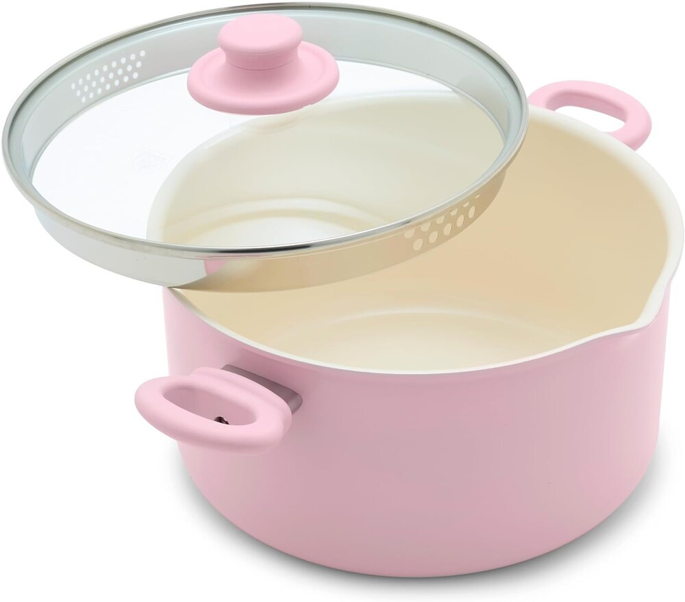 GreenLife 6QT Ceramic Nonstick Stockpot with Glass Straining Lid, PFAS-Free, Dishwasher Safe, Stay-Cool Handles, Oven Safe to 350°F, Wobble-Free Base, Even Heating, Pink