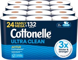 Cottonelle Ultra Clean Toilet Paper with Active CleaningRipples Texture, Strong Bath Tissue, 24 Family Mega Rolls = 132 Regular Rolls (4 Packs of 6)