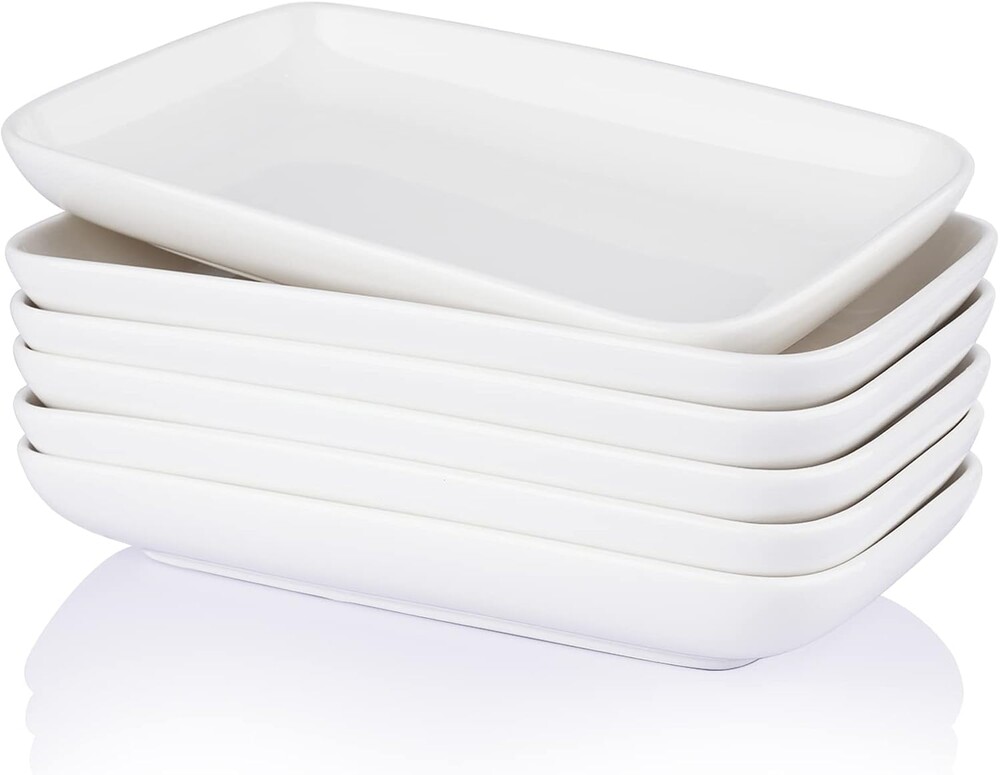 Sweese 8 Inch Rectangular Salad Plates, Porcelain Dessert Plates, Small White Serving Trays for Salad, Fruit, Sushi Appetizer and Parties - Stackable, Set of 6, White