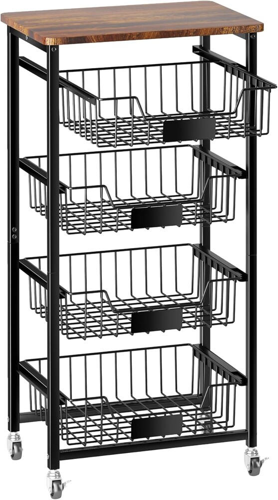 Fruit Basket, 5-Tier Utility Kitchen Organizer and Storage Cart with Pull-Out Baskets and Wood Top, Rolling Pantry Kitchen Cart on Wheels for Fruit Potato Onion Vegetable Snack Produce