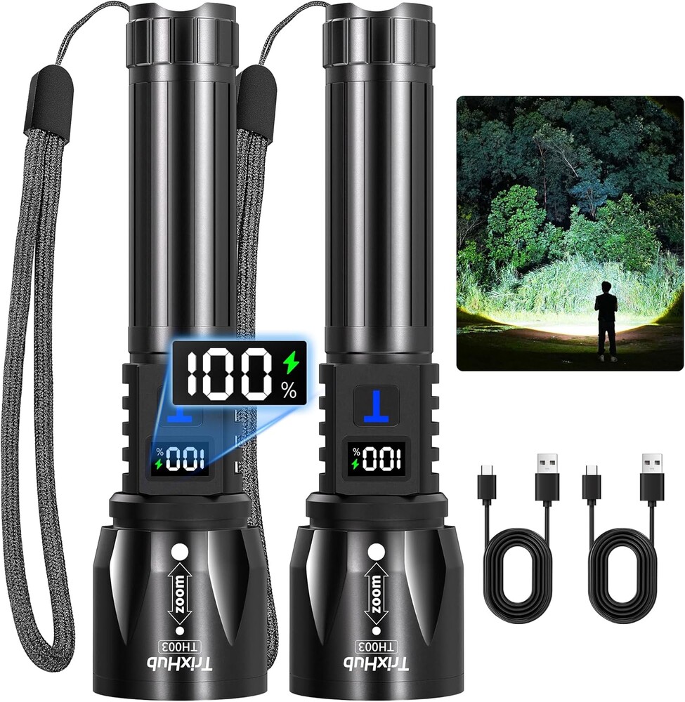 Rechargeable Flashlights High Lumens 2Pack, 5Mode Flash Light with LCD Digital Display, Super Bright Flashlight Adjustable Tactical Flashlight, High Powered LED Handheld Flashlight for Home