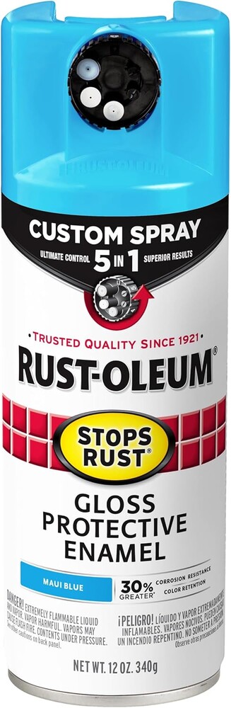 Rust-Oleum 376907 Stops Rust Custom Spray 5-in-1 Spray Paint, 12 oz, Gloss Maui Blue