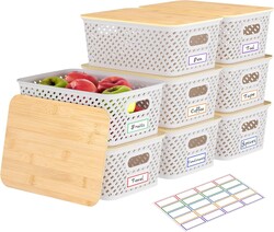 8 Packs Plastic Storage Bins with Bamboo Lids - Stackable Storage Bins Decorative Small Basket Containers for Organizing Shelves Office Classroom Desktop Closet, Cream White