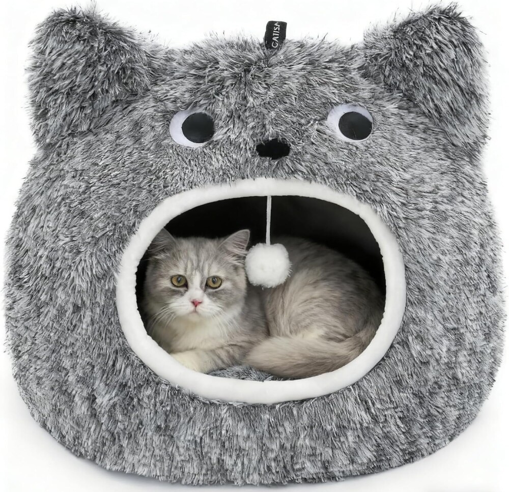 CATISM Cat Bed, Cat Beds for Indoor Cats - Kitten Bed Cave Washable, Soft Plush Hooded, Removable Pillow, Non-Slip Base, Large Cave for Kitty