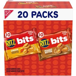 RITZ Bits Cheese and RITZ Bits Peanut Butter Sandwich Crackers Variety Pack, Lunch Snacks, 20 Snack Packs