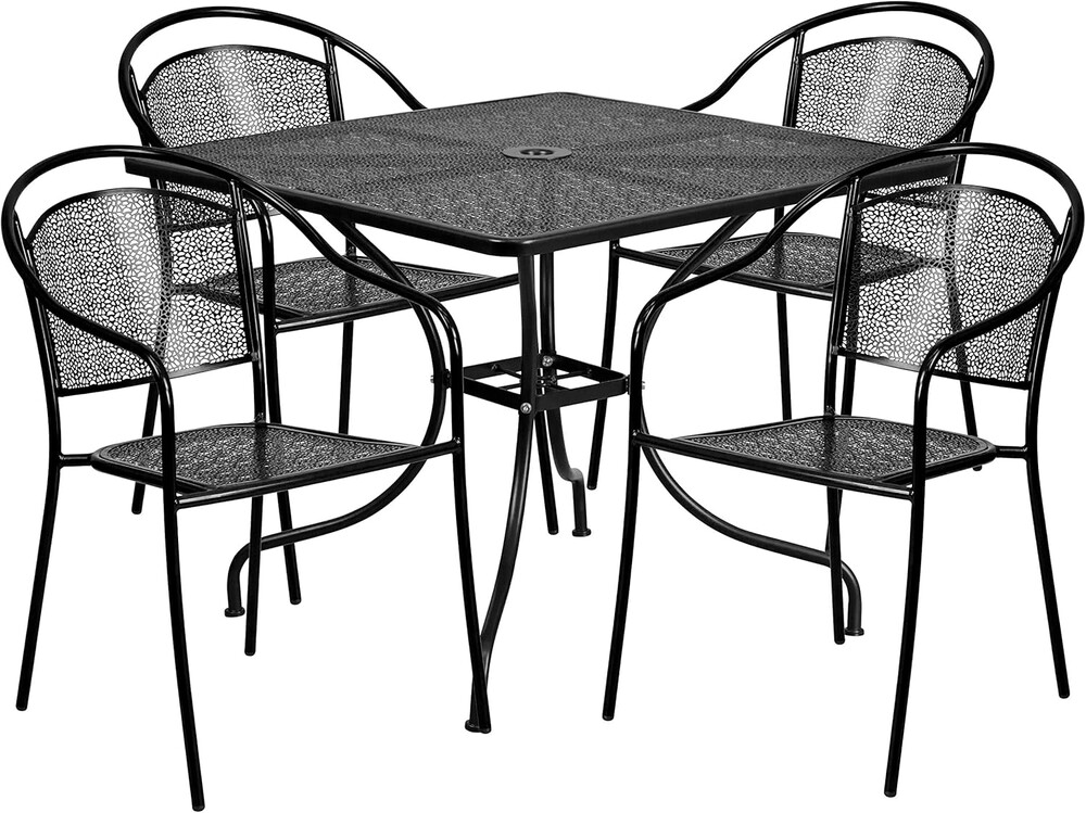 Flash Furniture Oia 5-Piece Commercial Grade Steel Patio Table and Chairs Set, Outdoor Dining Set with Square Table and 4 Round Back Chairs, Black