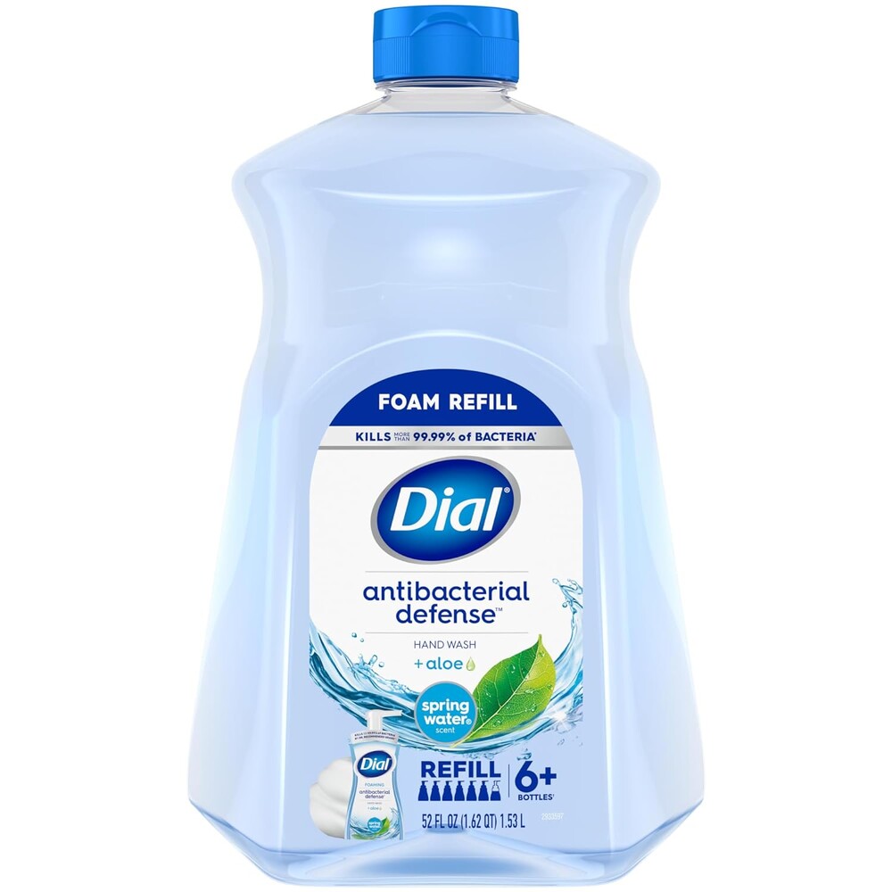 Dial Antibacterial Defense Foaming Hand Soap + Aloe, Spring Water Scent, 52 Fl Oz Hand Soap Refill, Dermatologist-Tested, Gentle on Skin