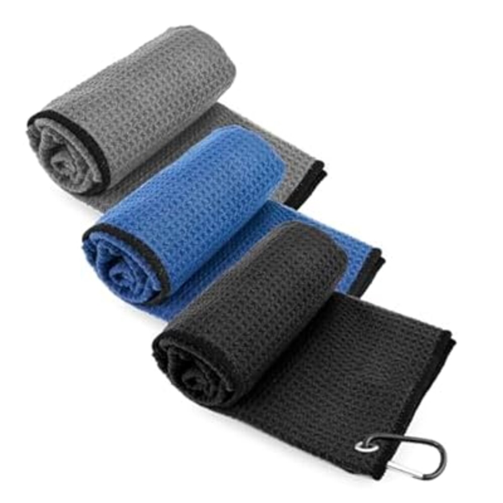 KISS QUEEN Microfiber Golf Towel 3 Pack,Portable Waffle Pattern Golf Cleaning Towels Quickly Remove Sand Mud Dirt Sweat(16 X 16 Inch)