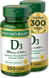 Nature's Bounty Vitamin D3, Supports Immune System and Bone Health, 50mcg, 150 Softgels (Pack of 2)