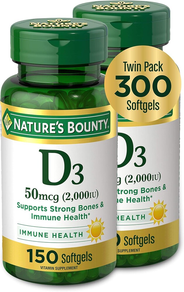 Nature's Bounty Vitamin D3, Supports Immune System and Bone Health, 50mcg, 150 Softgels (Pack of 2)