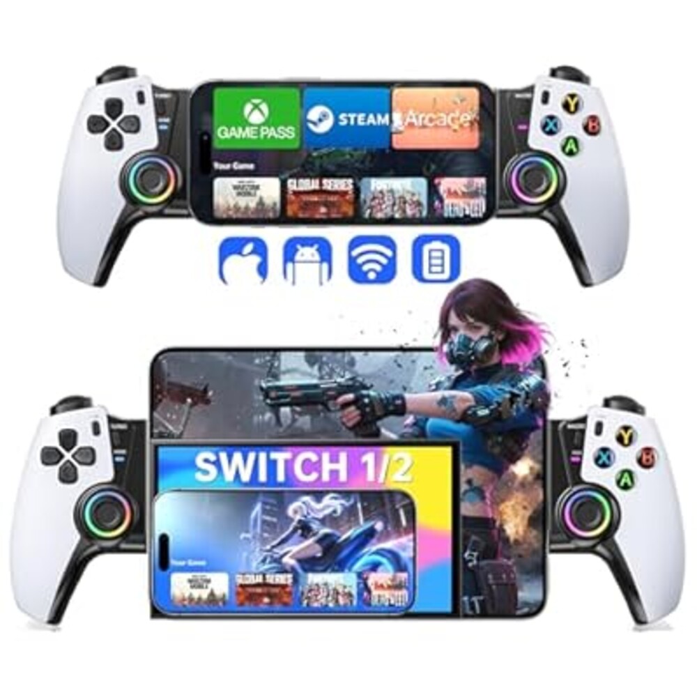 Mobile Gaming Controller for iPhone 15/16 Series/Android/Switch 2/Switch/OLED/iPad Mini, Wireless Phone Controller with Hall Joysticks/Hall Triggers/LED, Support Xbox Cloud, Steam Link, Call of Duty
