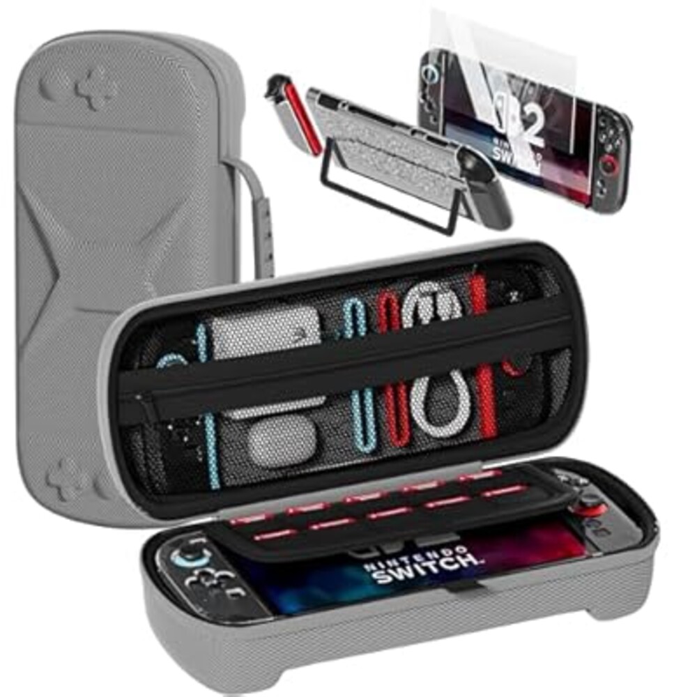 QUAGGY Designed for Nintendo Switch 2 (2025), TPU&PC Ultra-Slim Protective Case, Game Card Slots, All In One Carrying Case for Switch 2 Accessories [Bult-in 2 Screen Protector] Grey