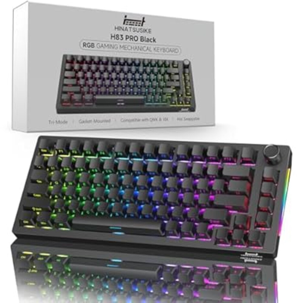 HINATSUSIKE H83 Pro 75 Percent Wireless Mechanical Keyboard for Gaming, Hot-Swappable with Knob, RGB Backlit, Pre-Lubed Cardamom Linear Switches, Side-Printed PBT Keycaps, 2.4G/BT5.0/USB-C Black
