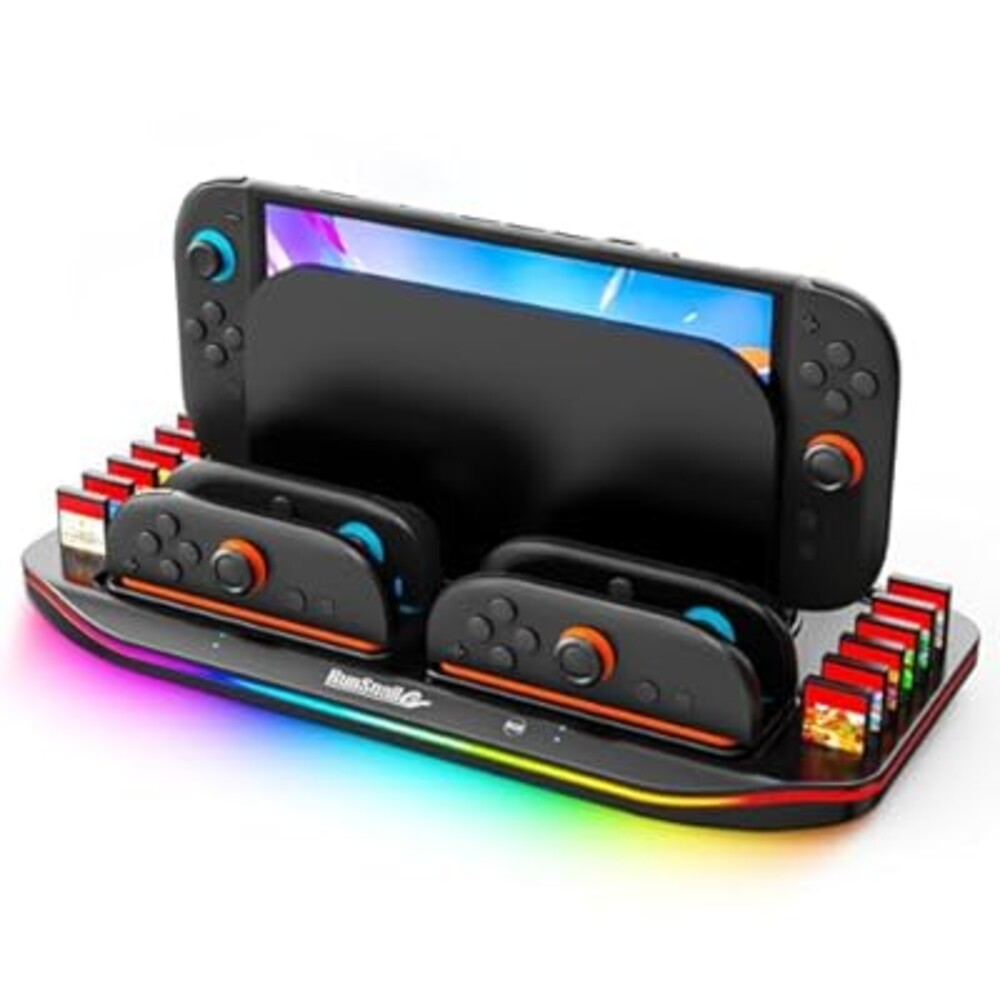 RunSnail Charging Dock for Nintendo Switch 2, Magnetic Fast Charger for 4 JoyCons with RGB Lighting, All-in-One Charging Station with 12 Game Card Storage Slots