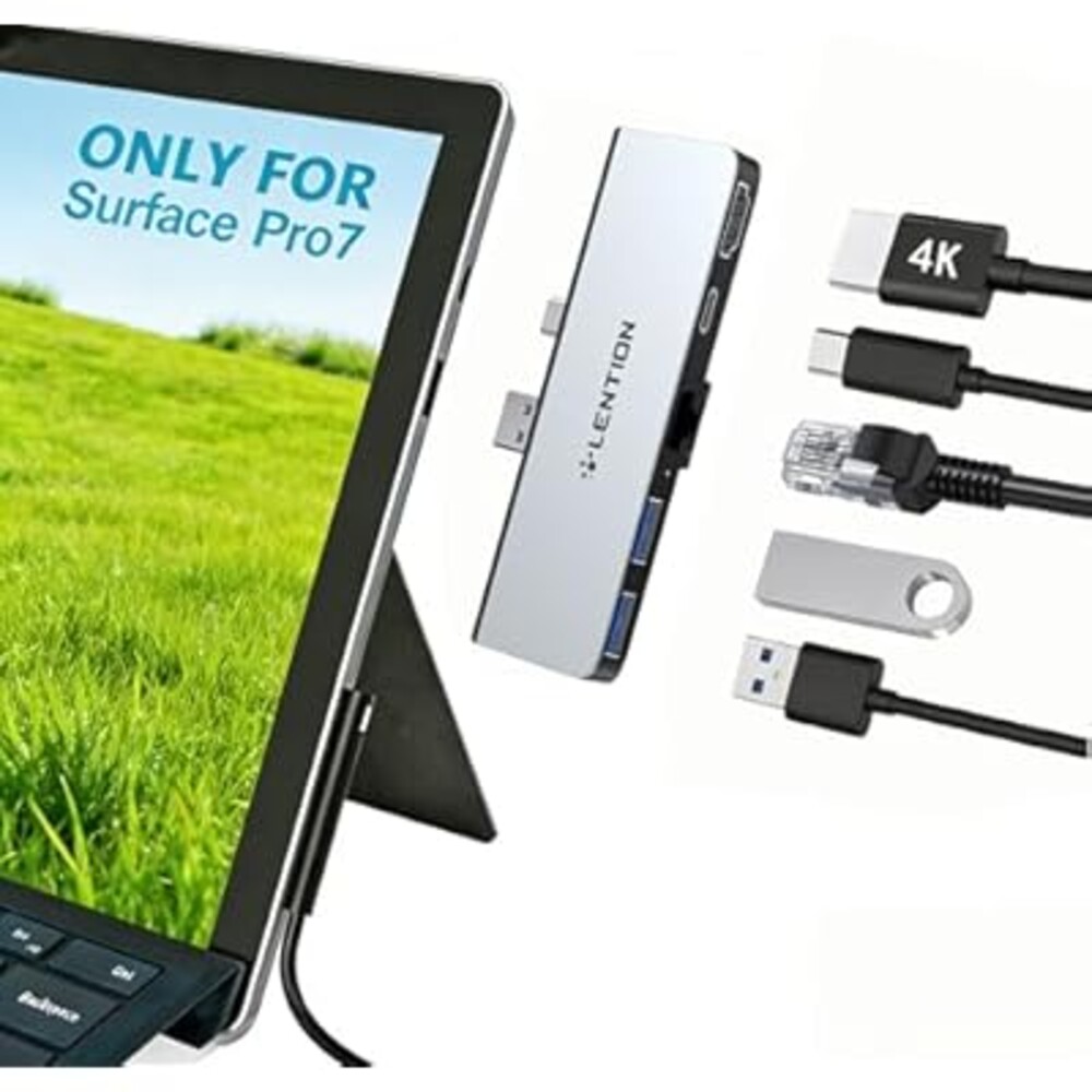 LENTION Surface Pro Dock, 5-in-1 Surface Pro 7 Hub, 4K@60Hz USBC to HDMI Hub, USB C to Gigabit Ethernet Hub, 2 x USB 3.0 Hub, PD 60W Type C Charging Port Hub(CS35, Silver)