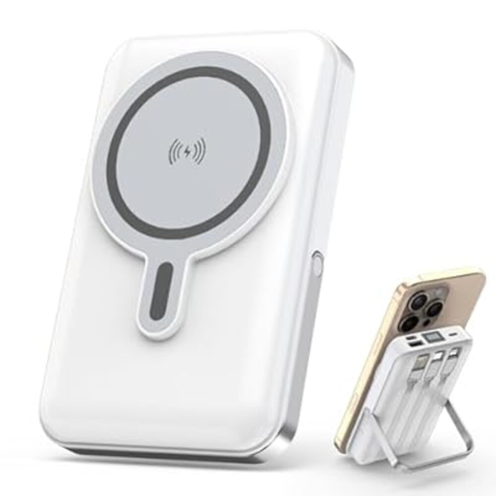 Magnetic Portable Charger, 10000mAh Multi-port Wireless Power Bank, 22.5W Mag Safe Battery Pack, Stand Portable Charger Built in Cables Compatible with iPhone 17/17 Air/17Pro/16/15/14/13,Samsung White