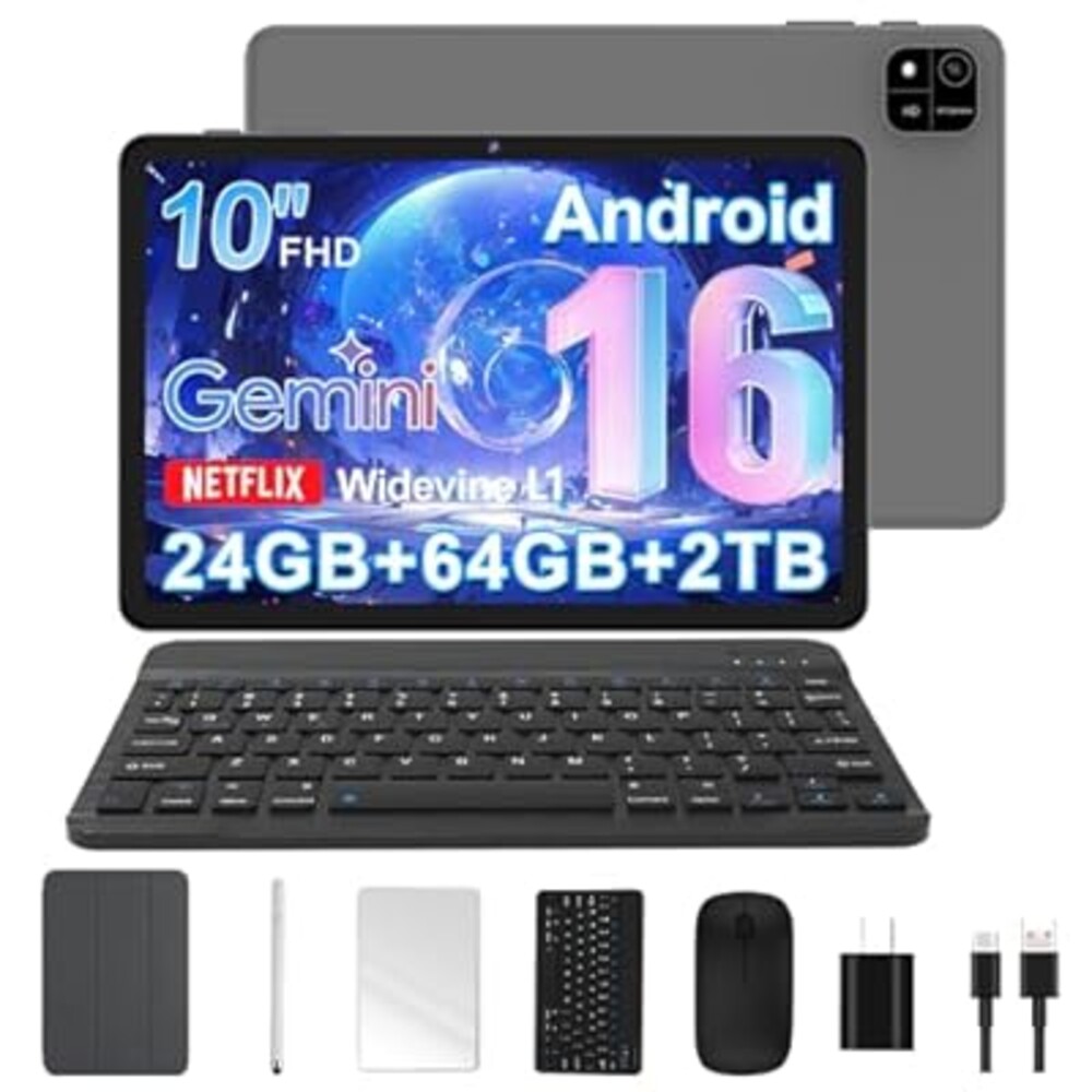 Android 16 Tablet, 10 Inch Tablet with Keyboard, Octa-Core, 24GB RAM 64GB ROM 2TB Expand, 2 in 1 Tablets with Gemini AI, 6000mAh, WiFi, Widevine L1, GMS, Tablets PC with Case, Mouse, Stylus (Black)