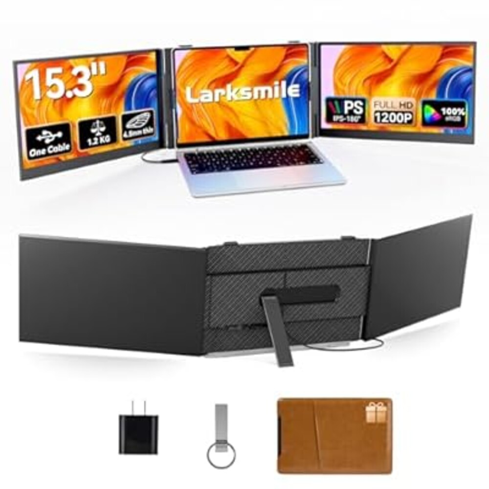 Larksmile Triple Laptop Screen Extender, One Cable Setup 15.3" Portable Monitor for Laptop, 16:10 FHD 1200P Triple Monitor, 100% sRGB Ultra Light External Display for Mac Windows Business Travel