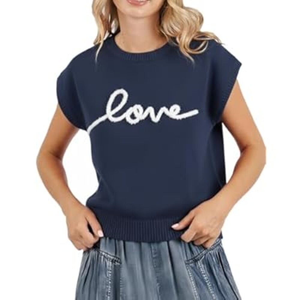 Jenisso Women Sweater Vest Knit Cap Sleeve Love Embroidered Pullover Tops Cute Tops