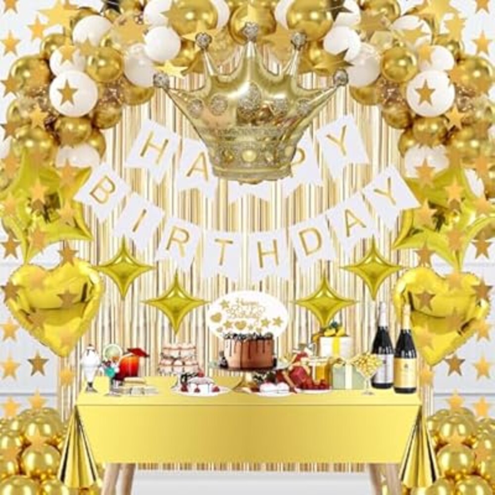 Gold Birthday Decorations Set – Happy Birthday Banner, Star Garland, Crown Foil Balloon, Fringe Curtain Backdrop, Table Cover, Cake Topper, Confetti &Latex Balloons for Boys Girls Men Women Party