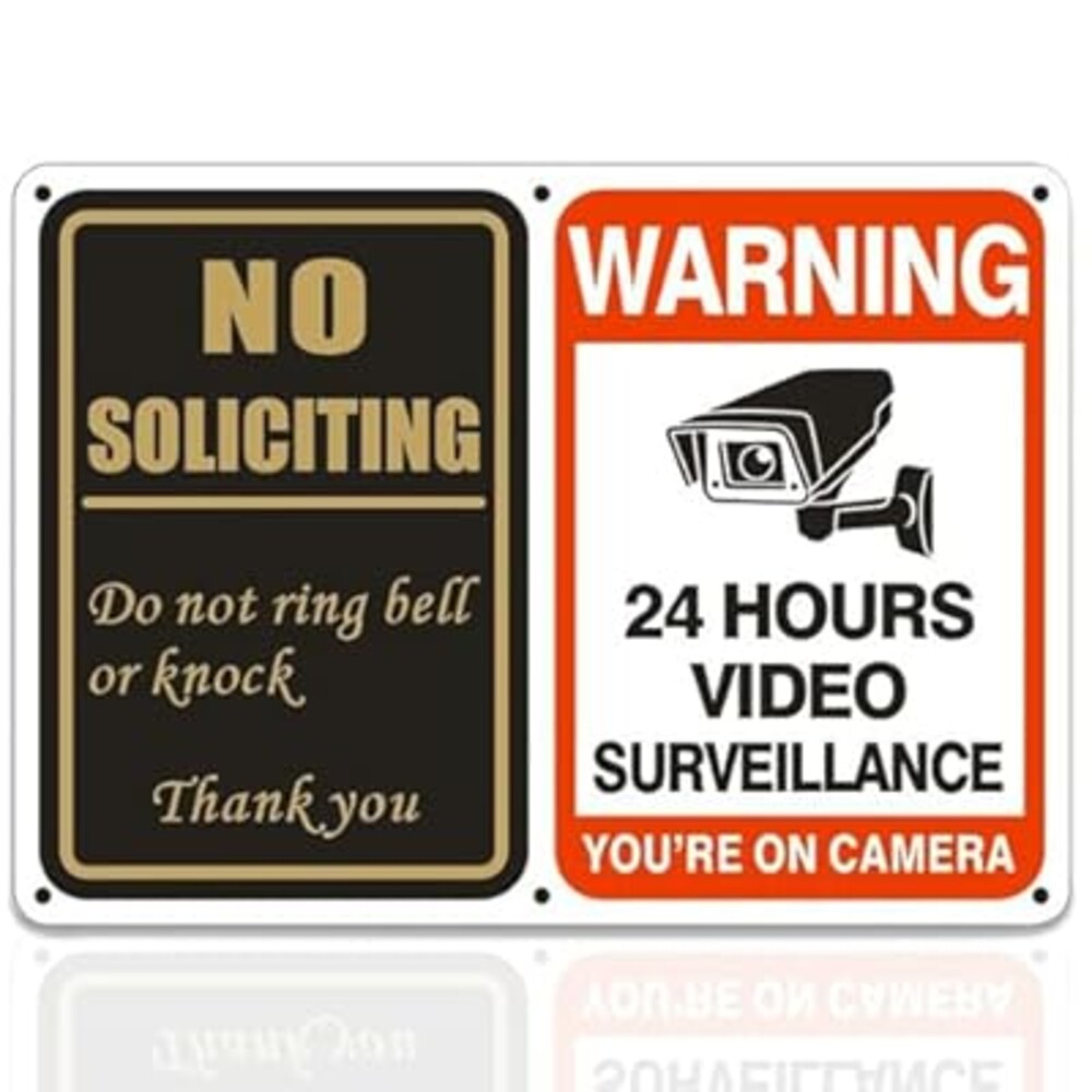 No Soliciting Sign & 24 Hours Surveillance Sign 2 in 1 Aluminum UV Ink Printed Yard Sign for House, Yard, Front Door 24 Hours Video Surveillance Private Property Metal Signs 7 x 10 inch(1 PACK)