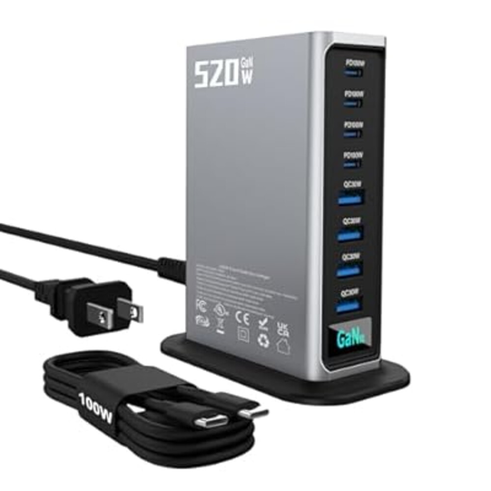 520W USB C Fast Charger Block, PD 3.1 100W 8 Port USB Charging Station, GaN Ⅲ Fast Charging Station for Multiple Devices, Laptop Wall Charger Compatible with iPhone 17/iPad/MacBook etc