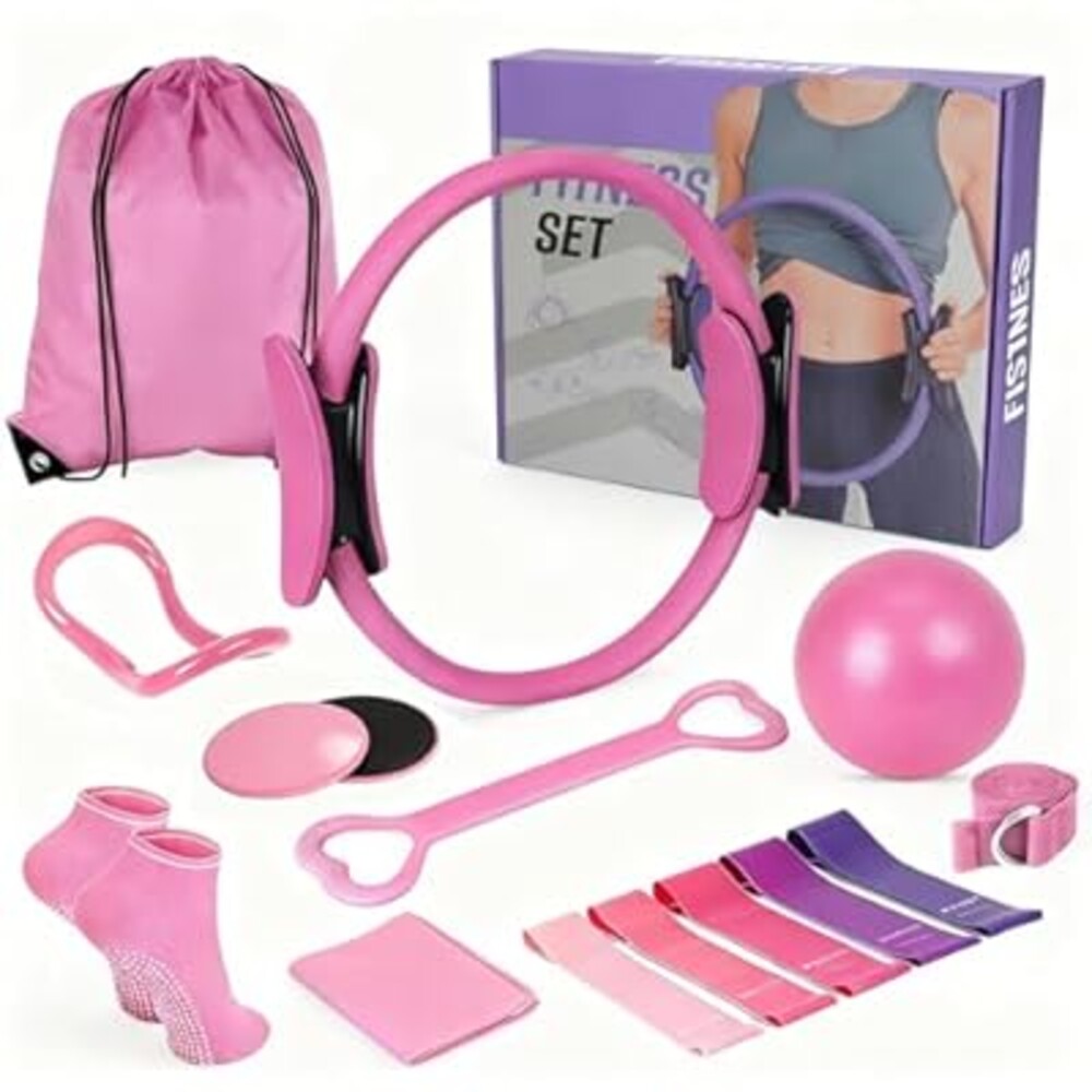 Pilates Kit for Home Workouts, Pilates Equipment Set with Ring, Ball, 5 Resistance Bands, Magic Circle Hoop, Gliding Discs, Compact Toning Fitness Essentials Starter Accessories Pilates Sets for Women