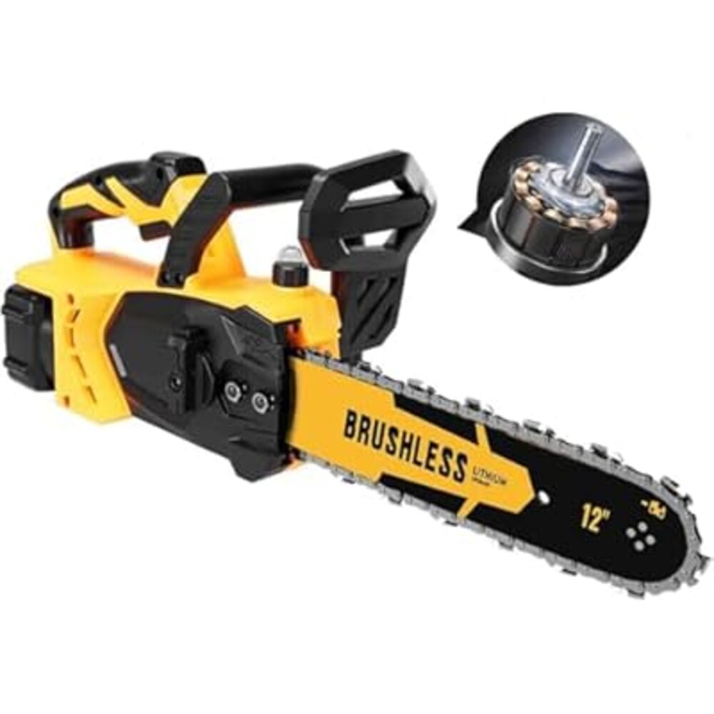 12 Inch Brushless Cordless Chainsaw for 20v Max Battery with Auto Oiler, 45Ft/s 1100W Electric High-Efficiency, No Installation Required, Yellow (Battery Not Included)