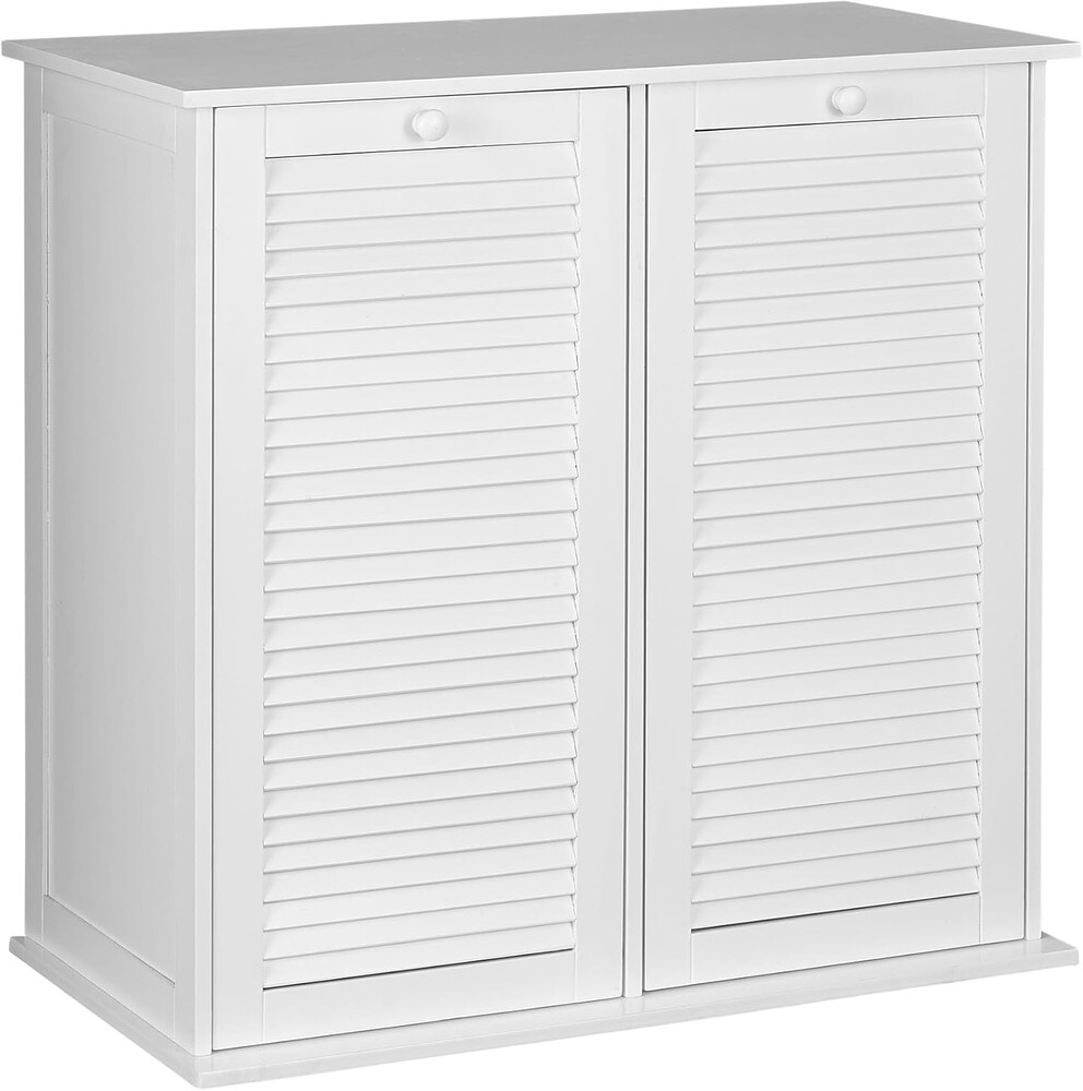Household Essentials Tilt-Out Laundry Sorter Cabinet with Shutter Front, White, White Wood Shutter