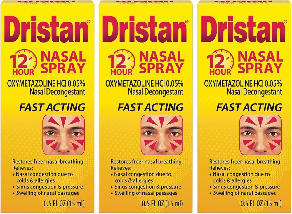 Dristan 12-Hour Nasal Spray Decongestant, Fast-Acting Sinus and Nasal Congestion Relief from Colds, Hay Fever and Allergies, Oxymetazoline HCI, .5 Fl Oz (Pack of 3)