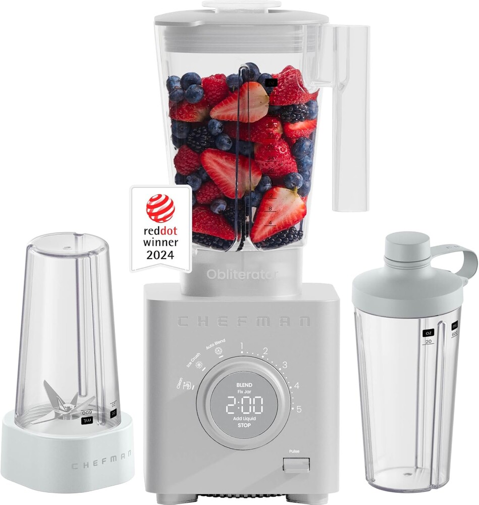 Chefman Obliterator 48 oz Countertop Blender for Smoothies, 1380W Motor to Crush Ice, Nuts, and Frozen Fruit with Stainless Steel Blade, Blender Pack Includes Two 20 oz. Travel Jars - Concrete