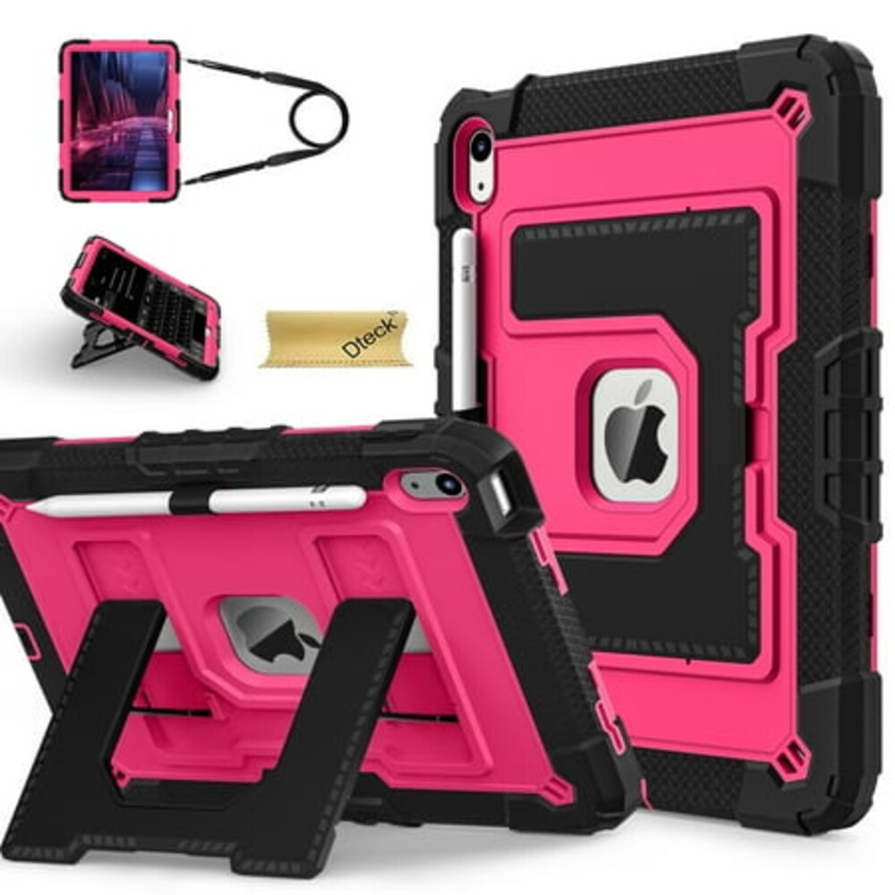 Dteck Case for 2025 Apple 11-inch iPad A16, for 2022 Apple 10.9-inch iPad 10th Generation Heavy Duty Shockproof Protective Case with Sturdy Stand, Shoulder Strap,Black Rose