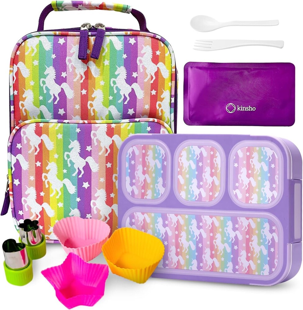 Bento Lunch Box with Insulated Bag, Ice Pack and Bento Accessories for Girls. Snack Containers with 4 Compartment Dividers for Toddlers Pre-School Daycare BPA Free Set, Utensils, Rainbow Unicorn
