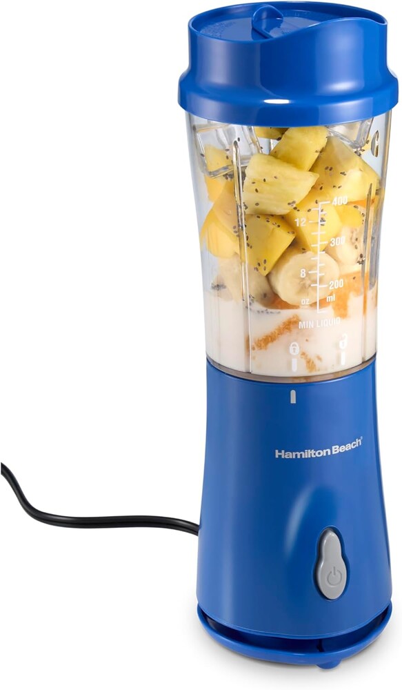 Hamilton Beach Portable Blender for Shakes and Smoothies, 14 Oz BPA Free Travel Cup & Lid, Durable Stainless Steel Blades, Personal Smoothie Blender, Blue, 51132G